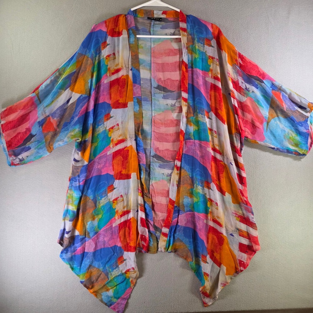 APNY Sheer Colorful Abstract Kimono Cardigan Jacket Cupro Blend Wearable Art M
